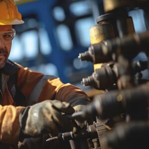 A technician with preventive measures carries out restoration tasks on an oil platform in the ocean on a sunny day.copy space